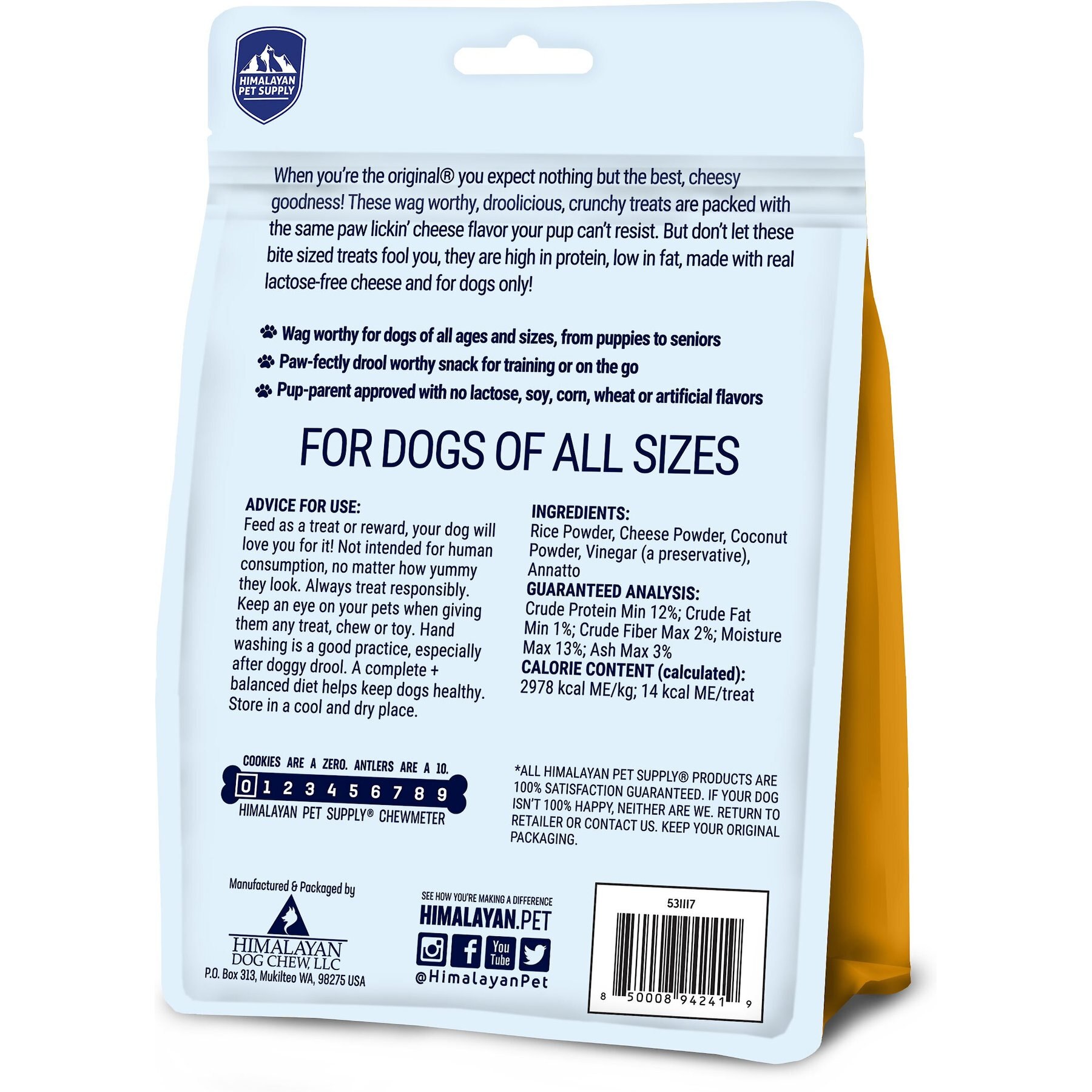 Himalayan Pet Supply Barkeetos Grain-Free Cheese Crunchy Dog Treats, 3-oz bag