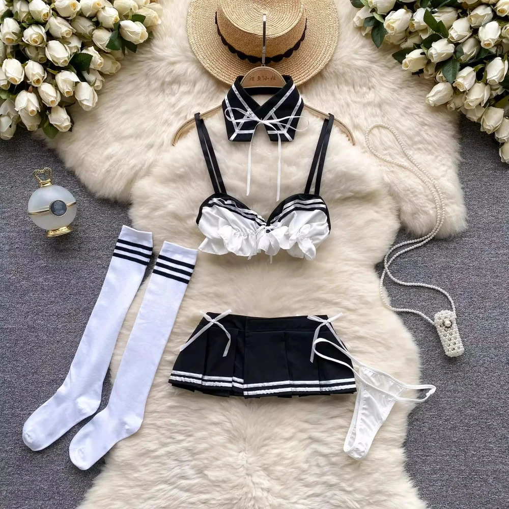 Japan Girls Vintage Cosplay Costume Sexy JK Uniform Skirt Suits Pajamas Outfits Erotic Striped Bow Tie Pleated Skirts Set 241122