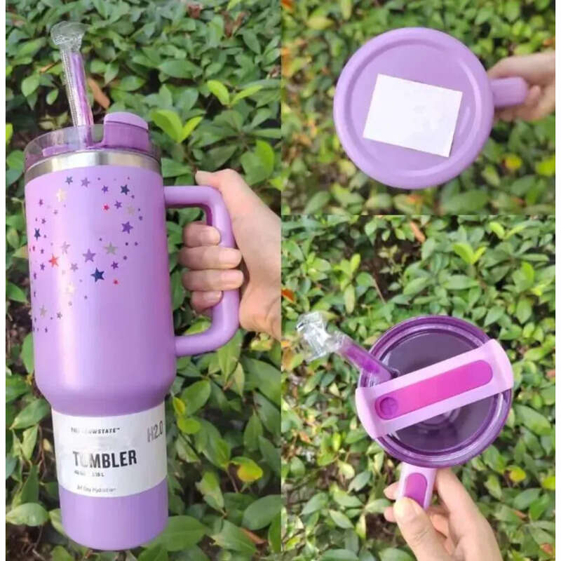 USA Stock 40Oz Blueberry Milk Pink Rose Blue Magnolia Tumblers Clean Slate Warm Cool Serene Stainless Steel Cups 40 OZ Purple Stars Car Mug With Straw