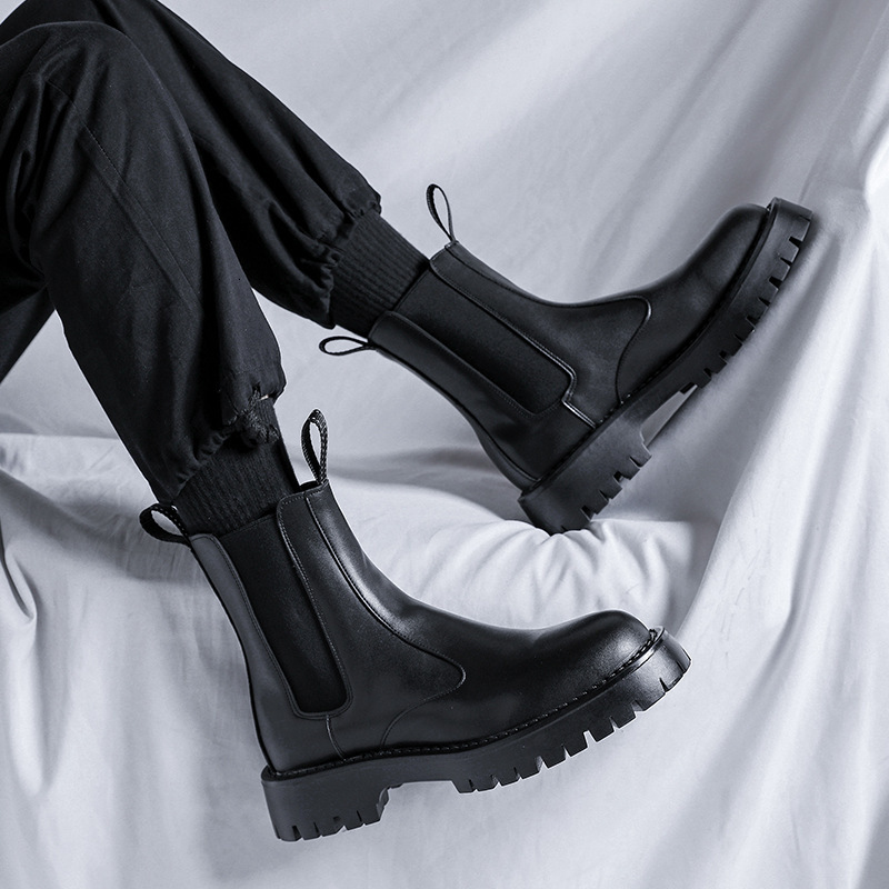 High top Martin boots, British leather shoes, motorcycle chimney, mid top thick soled boots, winter velvet Chelsea boots for men