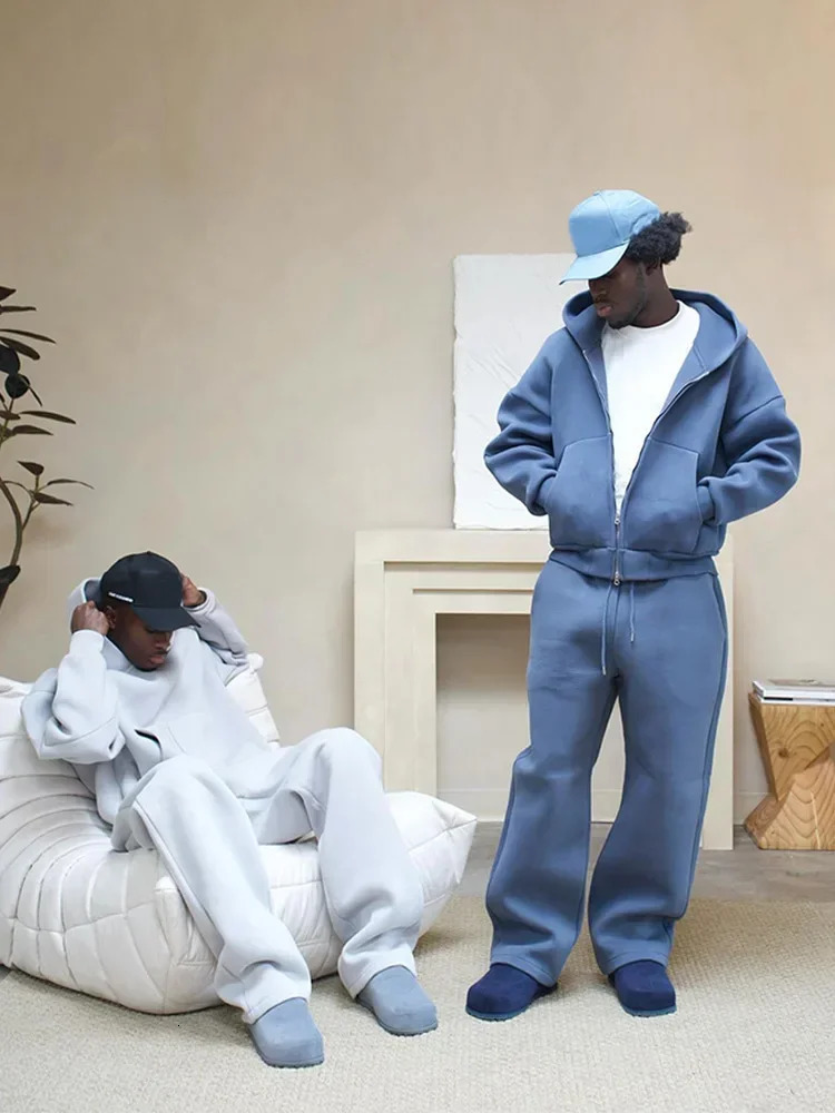 Casual sets Solid Tracksuit for Men Zipper Long Sleeve Hooded Sweatshirt Straight Pants 2 Piece Set Plush Hoodie Trousers Suits 241122