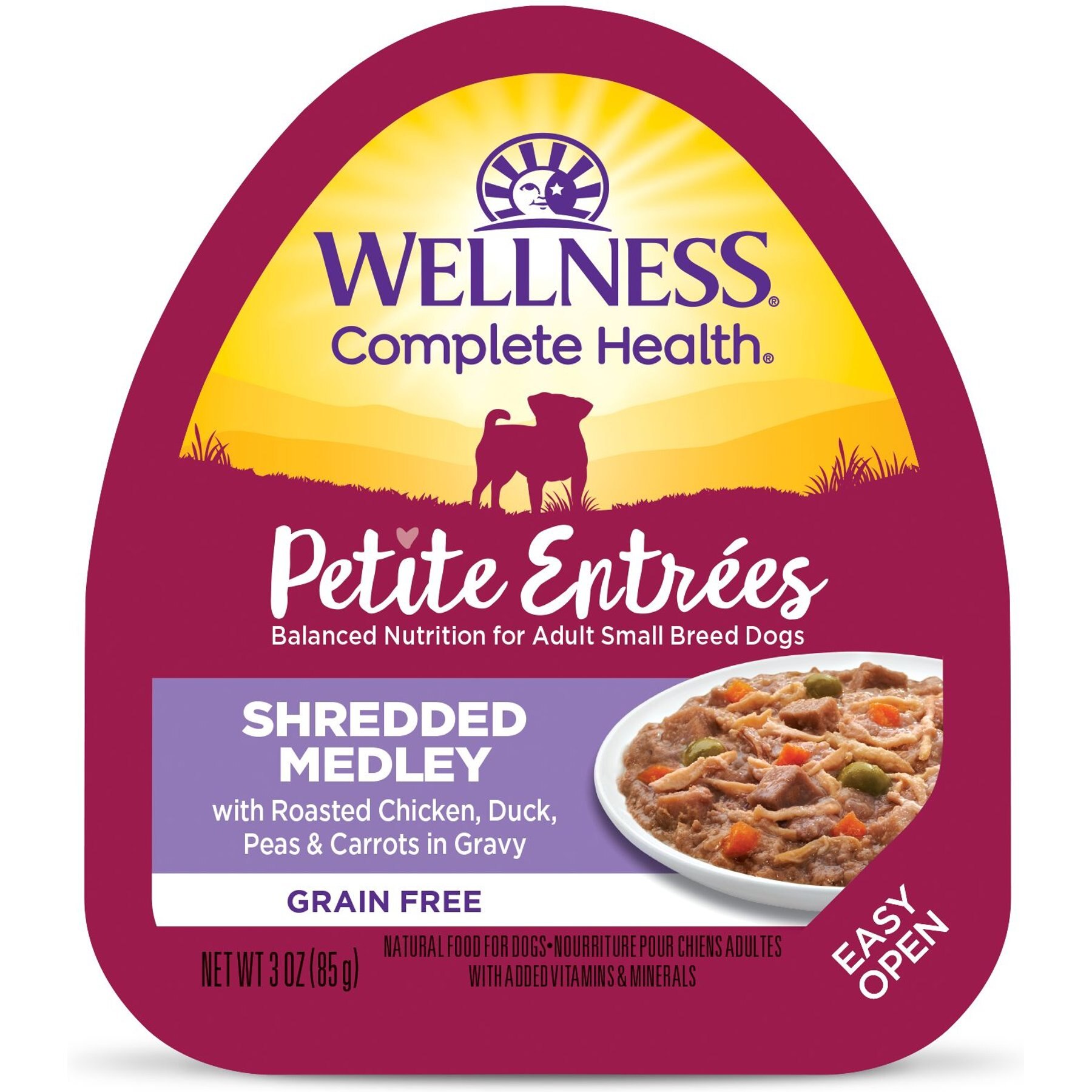 Wellness Petite Entrees Shredded Medley Chicken & Duck Small Breed Natural Wet Dog Food, 3-oz cup, 12 count