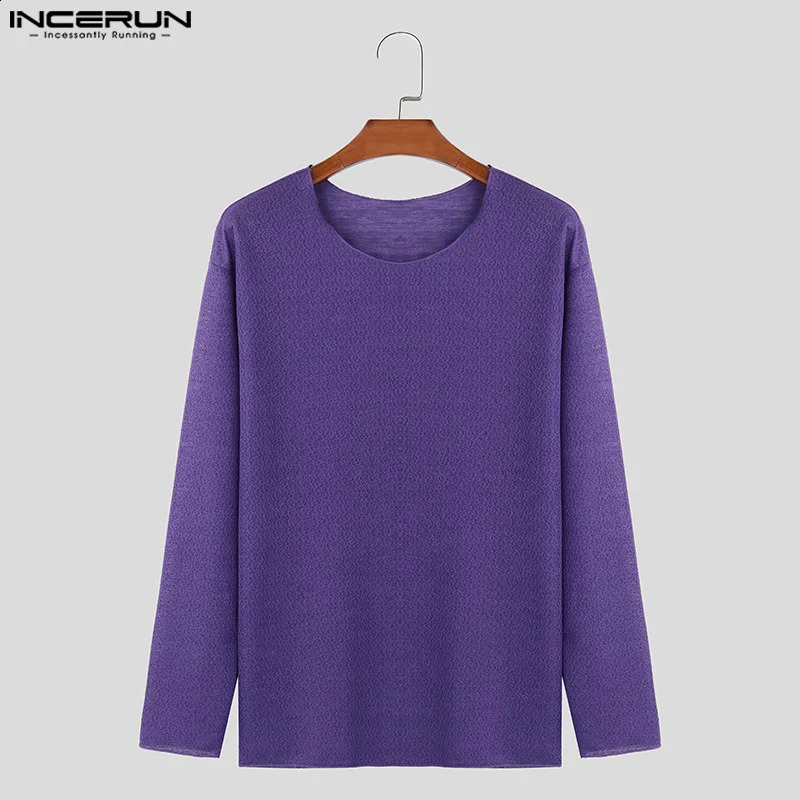 Mens casual T-shirt O-neck long sleeved solid color breathable mens clothing street clothing fashionable mens shirt S-5XL INCERUN 241118