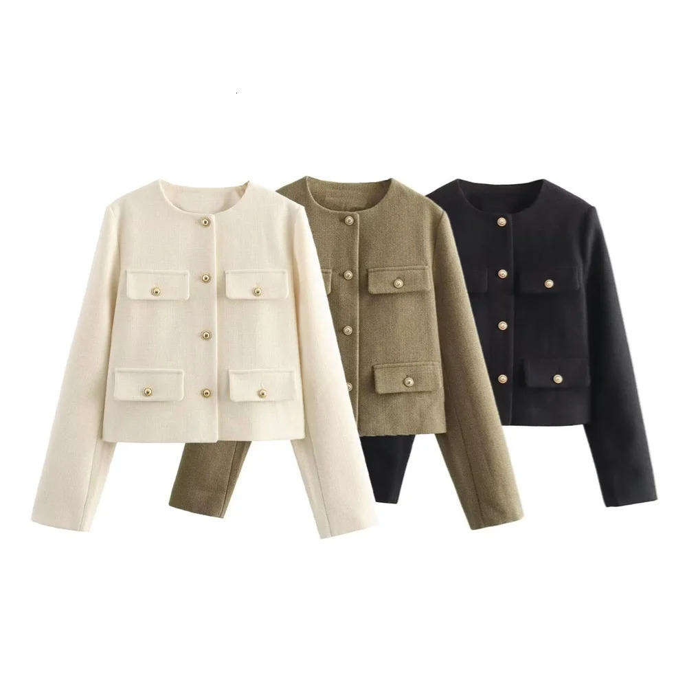 UNIZERA Winter Product Womens Fashion and Casual Versatile Round Neck Flip Decoration Short Suit Coat 240407