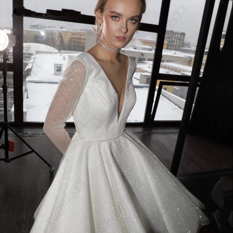 Sparkling Civil Short Wedding Dress For Women Deep V-Neck Backless Cuddly Long Sleeve Bride Party Gowns Vestidos De Noiva Casamento