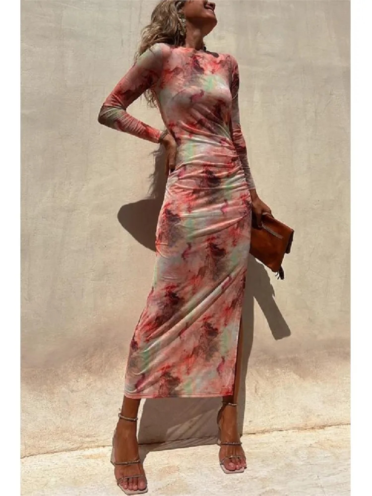 Tie Dye Printed Mesh See-through Maxi Dresses For Women Sexy Slim Slit Party Evening Dress Spring Fashion Club Vestidos 240420