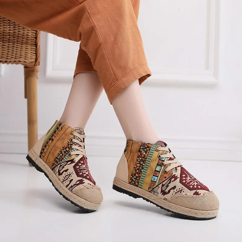 Women Casual Shoes Grass Woven Flat Espadrilles Comfortable Bohemian Chinese Style Laceup Fashion Nonleather 241122