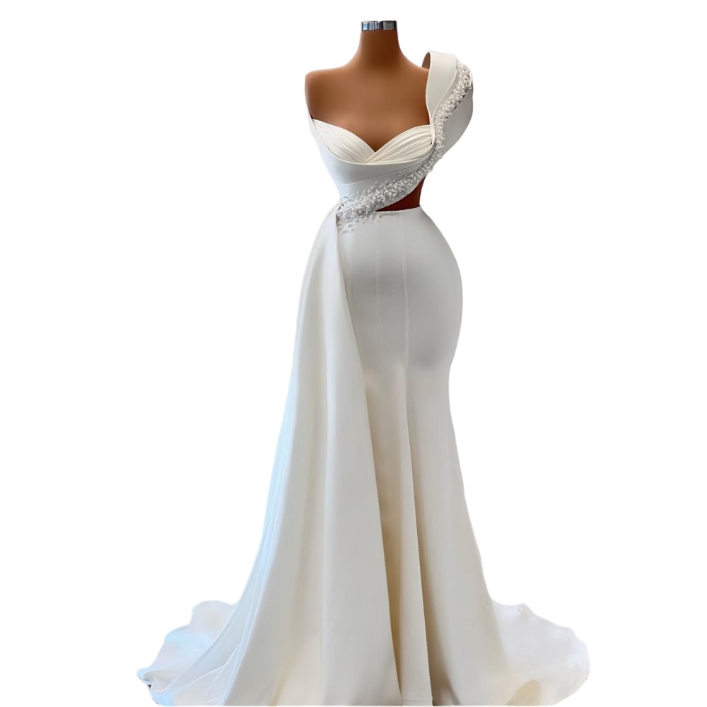 2024 Sexy Gorgeous Mermaid Wedding Dresses Bridal Gown Pearls Beaded One Shoulder Satin Cutaway Waist Sweep Train Custom Beach Country Plus Size vesti
