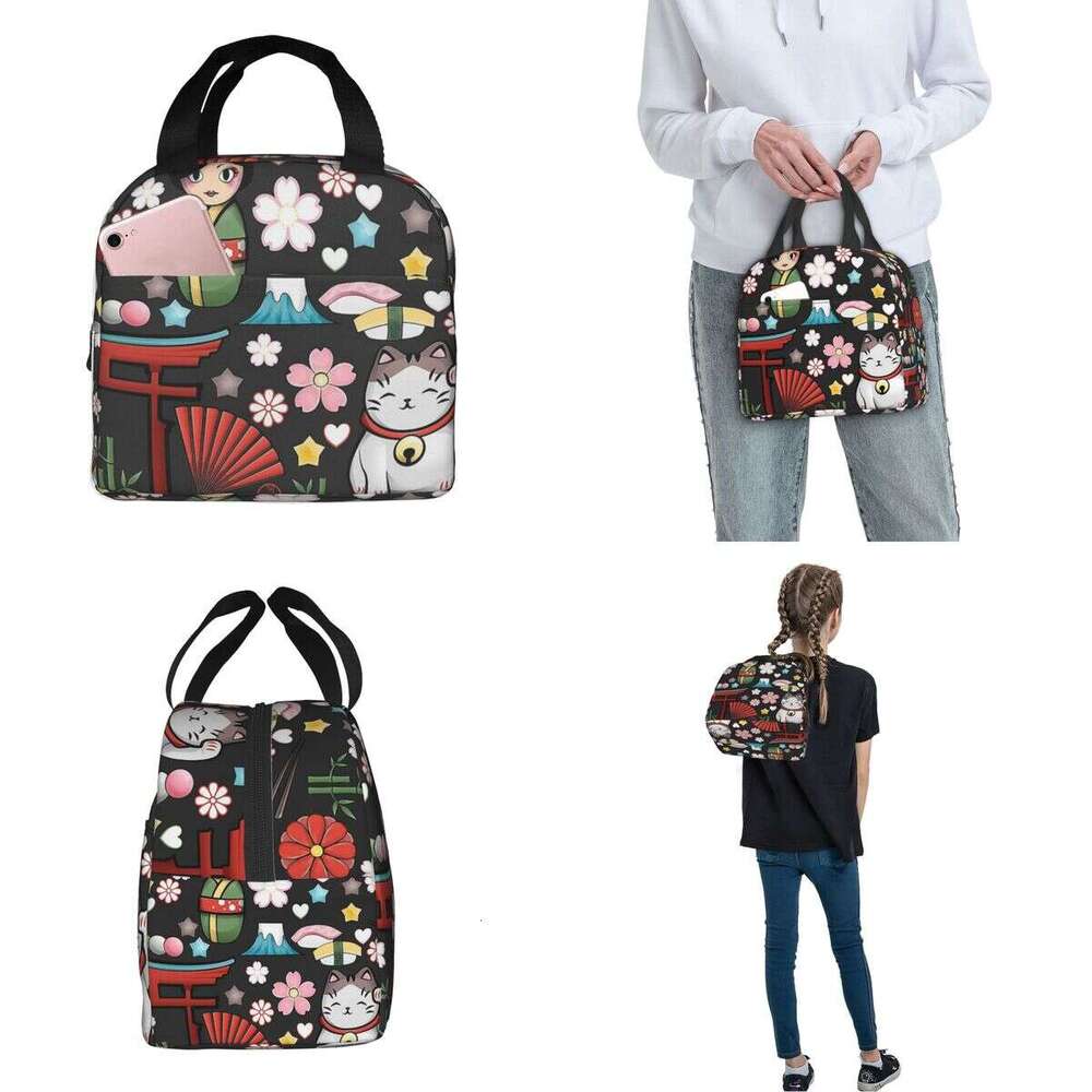 Maneki N Lucky Cat Insulated Bags Cooler Container Kokeshi Japanese Doll Tote Lunch Box Food Bag College