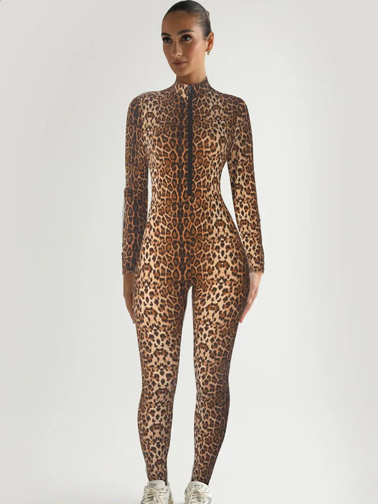 Leopard Print Long Sleeve Jumpsuit Women Front Zipper Stand Collar Sheath Romper Elegant Night Club Outfit One Pieces Overalls 241121