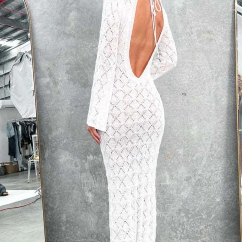 Beach Bath Exits Women 2024 Swim Wear Summer Dress For Cut Sexy Neck Long Sleeve Slim Fit Buttock Knitted Solid Acrylic