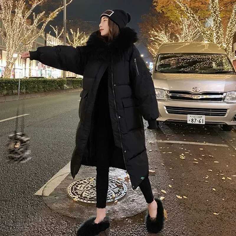 Winter down cotton jacket womens winter hooded faux fur collar coat warm park chiffon coat extra long winter jacket C363 W241122