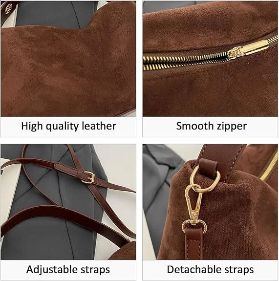 Suede Purses Bag for Women Fashion Slouchy Shoulder Bag Retro Brown Crescent Satchel Hobo Handbags for Work Travel 241121