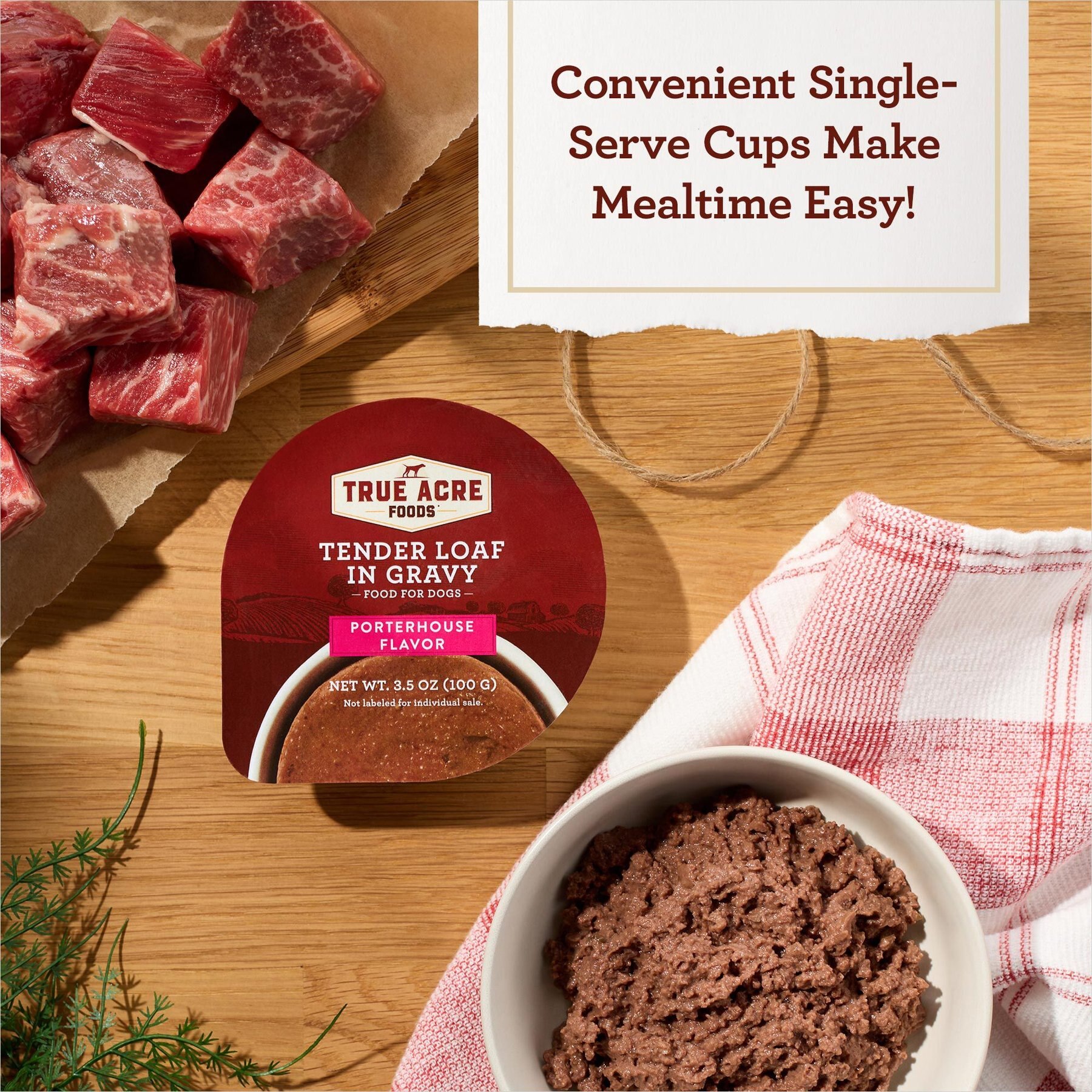 True Acre Foods Porterhouse Flavor Tender Loaf in Gravy, Wet Dog Food, 3.5-oz cup, case of 12