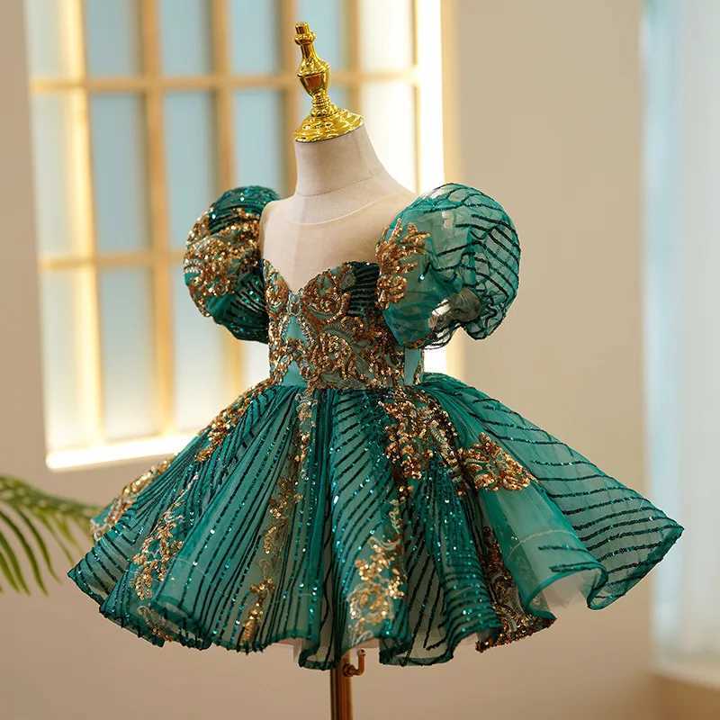 Childrens Luxury Party Green Gold Dress Suitable for Girls Sizes 1-12 Birthday Photo Shooting Dress Evening Dress Formal Lace Dress W241122