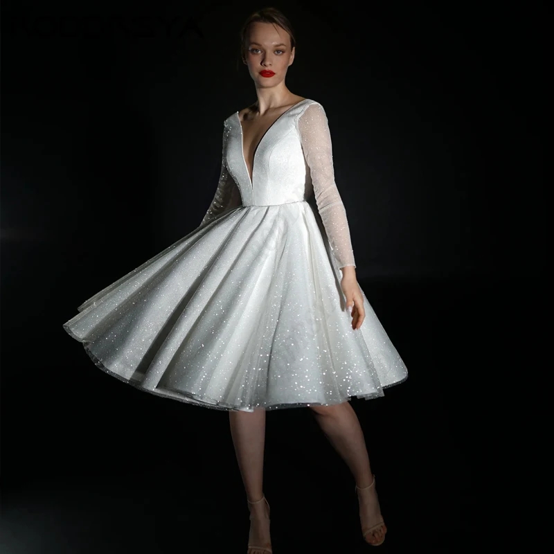 Sparkling Civil Short Wedding Dress For Women Deep V-Neck Backless Cuddly Long Sleeve Bride Party Gowns Vestidos De Noiva Casamento