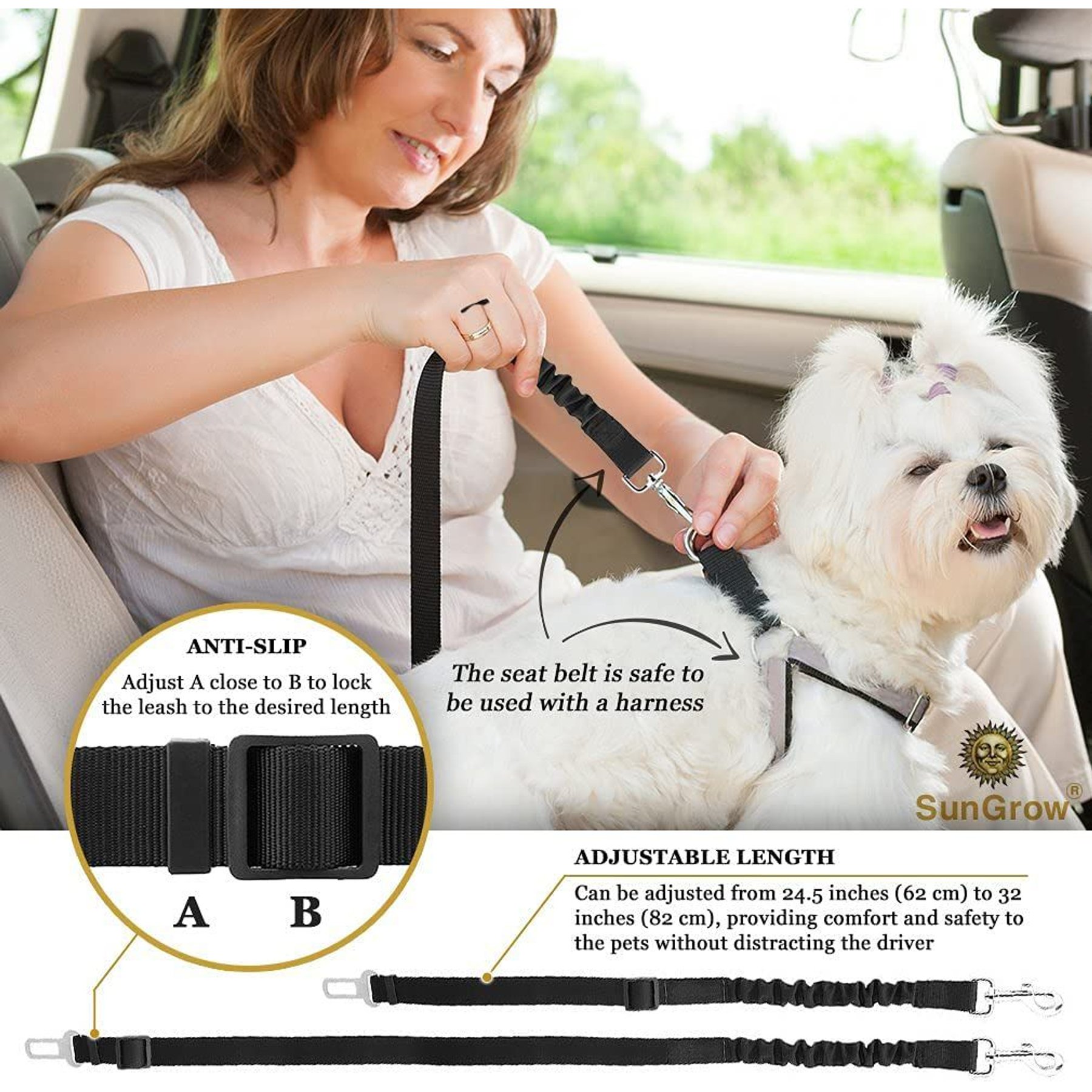 SunGrow Cat & Dog Car Leash Elastic Seat Belt & Restraint for Safety Pet Travel, 2 count
