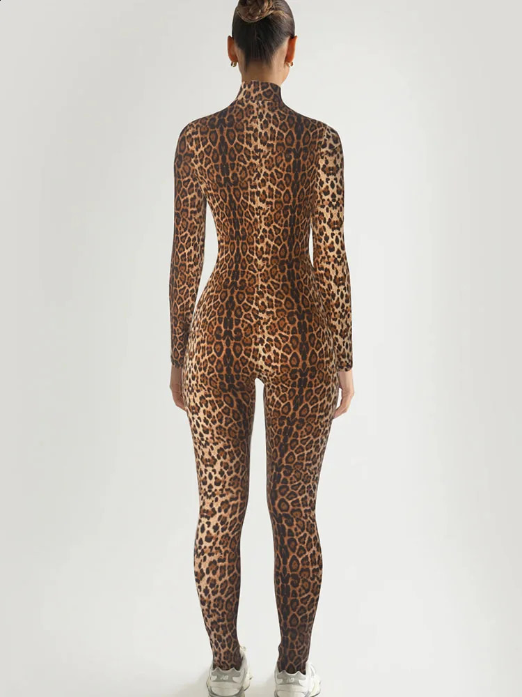 Leopard Print Long Sleeve Jumpsuit Women Front Zipper Stand Collar Sheath Romper Elegant Night Club Outfit One Pieces Overalls 241121