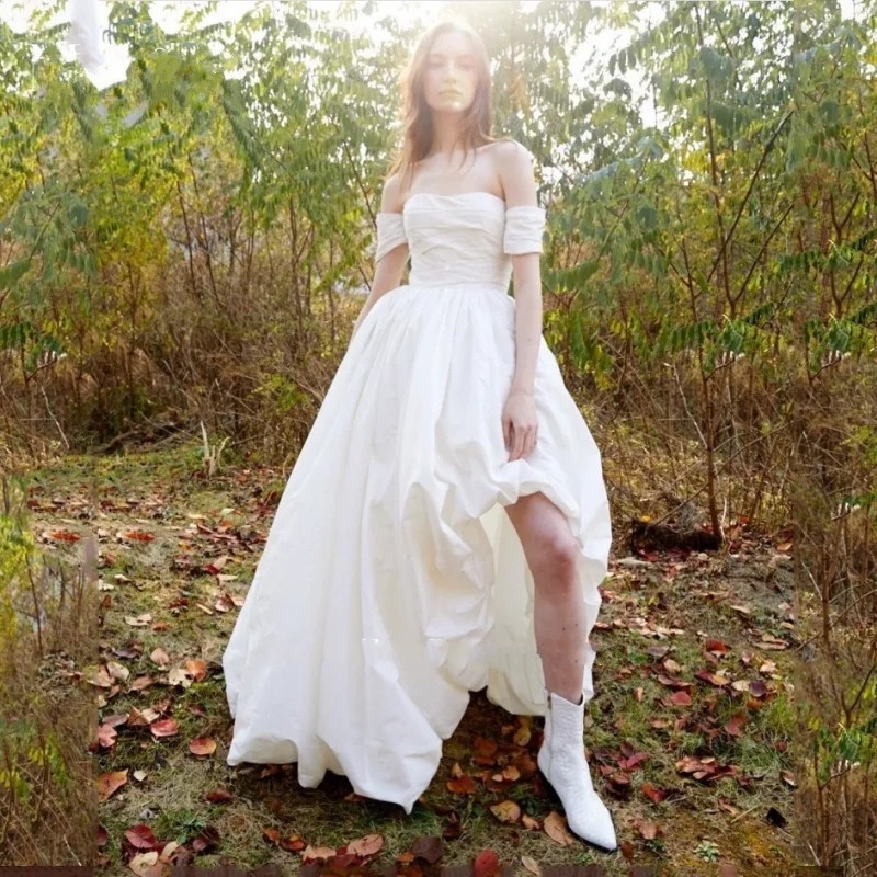 Simple Modest Wedding Dress 2024 Off The Shoulder Sweetheart Short Sleeve Taffeta Bridal Gowns Robe Side Split Formal Party Dresses
