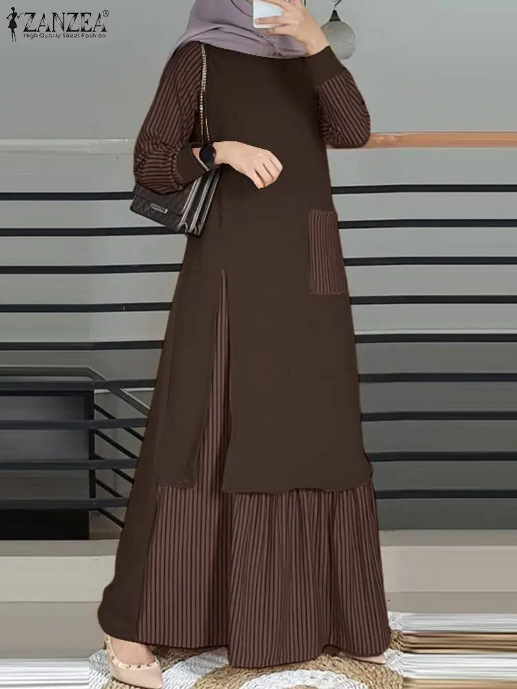Vintage Long Sleeve Striped Muslim Maxi Dress ZANZEA Women Patchwork Sundress Turkey Abaya Hijab Dress Islamic Clothing Ramadan 240422