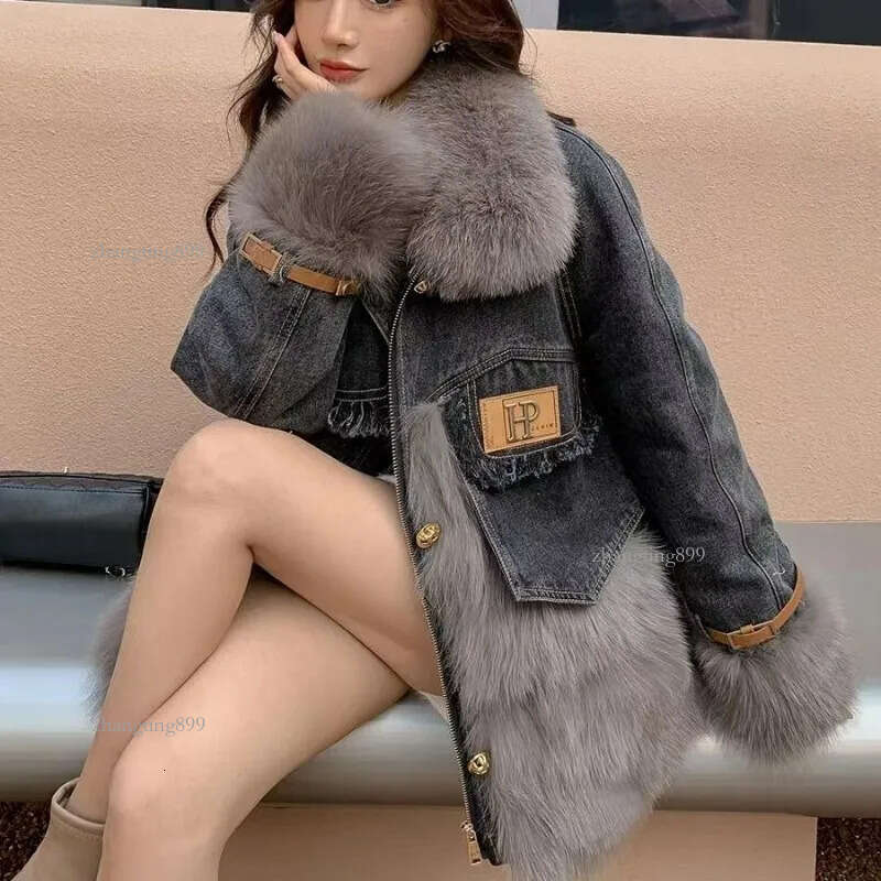 Womens Fur Faux Fur Women Cotton Coat Winter Jacket Female Fur Denim Stitching Parkas Thicken Thin Outwear Big Fur Collar Overcoat 230920