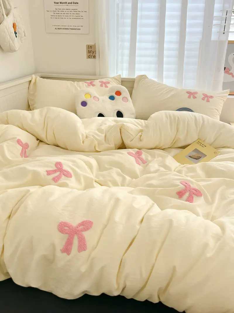 Ins Style Girl Blue 1.5m/1.8m Fitted Sheet Bow Towel Bedding Set Embroidery Washed Cotton Four-piece Set Bed Sheet Three-pieceC241122