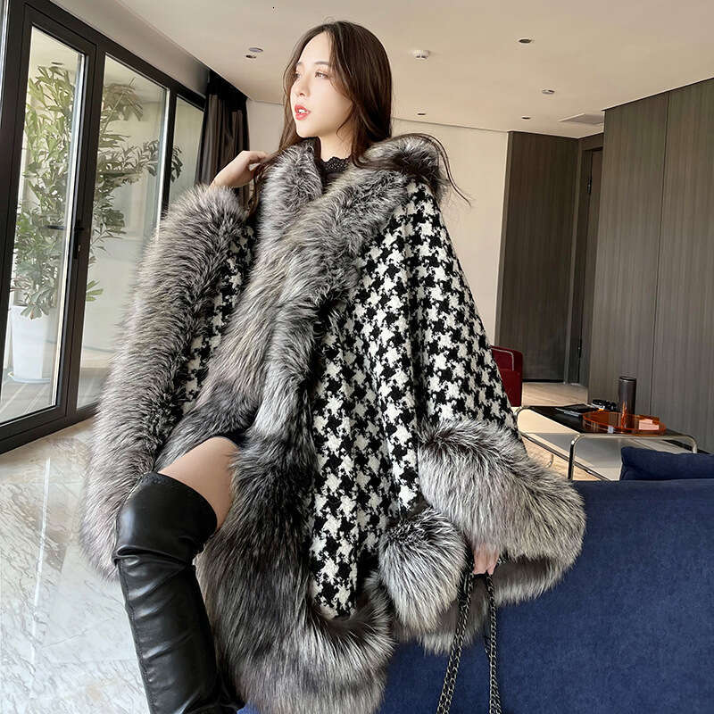2021 Winter Imitation Fox Fur Grass Women's Versatile Thousand Bird Checkered Scarf Woolen Neck Medium Long Cloak