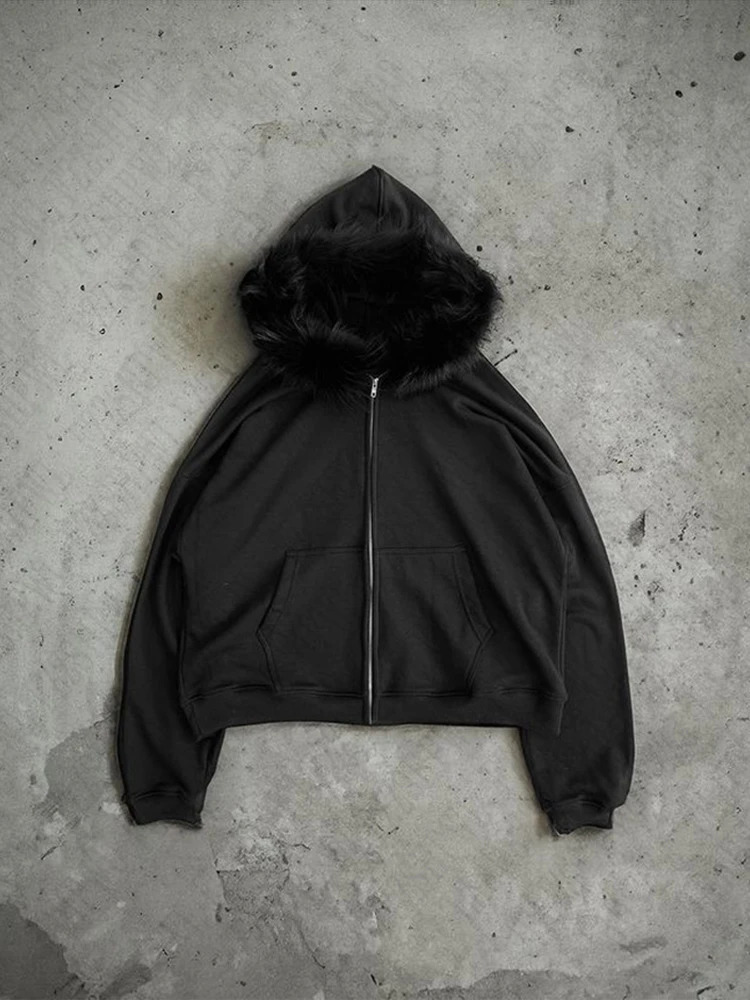 Plush lining solid color pattern Hoodie casual chic Y2K top rock fashion street retro grunge punk hip hop Harajuku couple Hoodie 241122