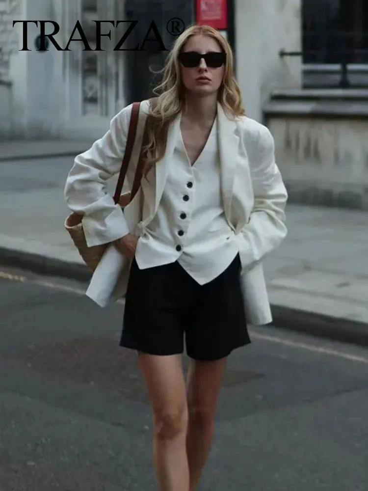 TRAFZA Woman Solid Waistcoat Shorts Set Sleeveless V Neck Buttons Vest Top Zipper Pockets Commute Elegant Female Short Pant 240419