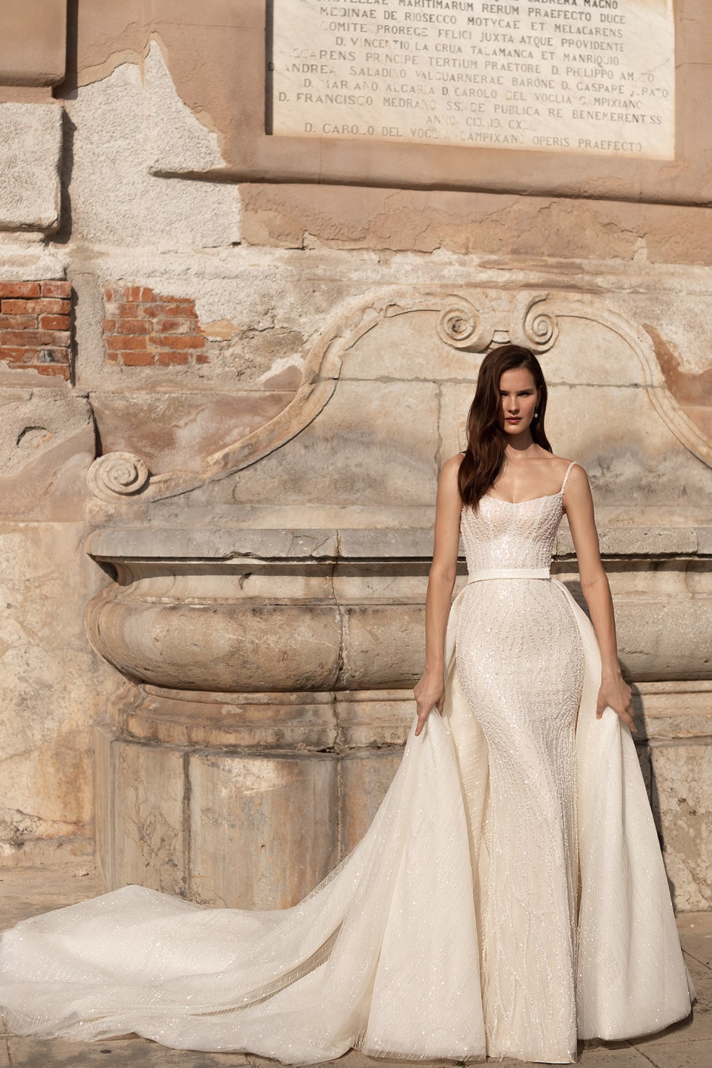 Beading Pearls Embroidery Lace Spaghetti Straps Mermaid Wedding Dress With Sleeveless 2 In 1 Removable Train Trumpet Bridal Gowns 2024