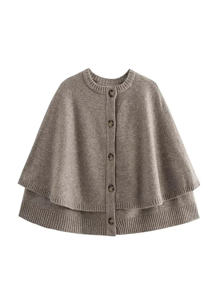 Fashion Cape Knitted Cardigan Women Round Neck Single Breasted Casual Female Sweaters Autumn Solid Soft Loose Lady Knitwear 241122