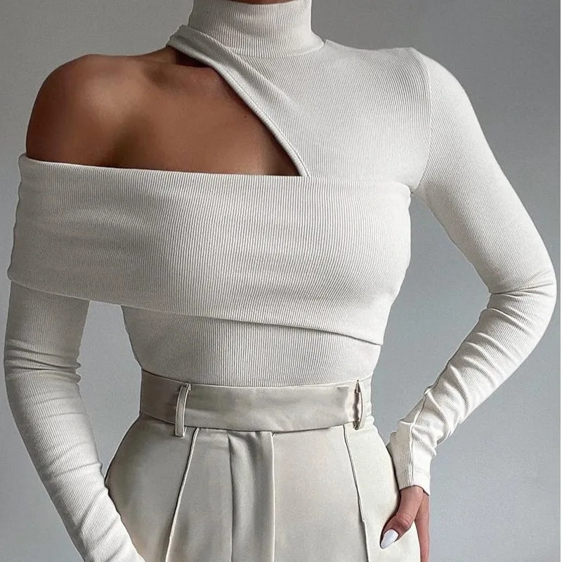 High-Collar Hollow-Shoulder T-Shirt Women Fall Winter Long Sleeve Knitted Pullover Tops Chic Slim Fit Solid Color Tees 240422