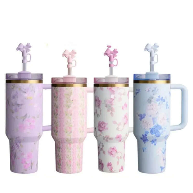 USA Stock 40Oz Blueberry Milk Pink Rose Blue Magnolia Tumblers Clean Slate Warm Cool Serene Stainless Steel Cups 40 OZ Purple Stars Car Mug With Straw