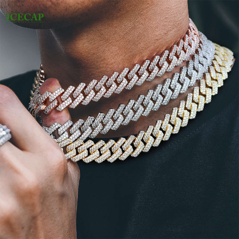 Iced Out 22mm 2 Rows Baguette Moissanite Cuban Link Chain Rose Gold S925 Sterling Silver Hiphop Cuban Link Necklace