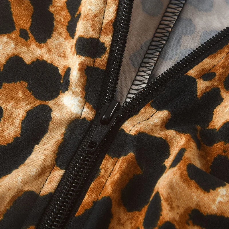 Leopard Print Long Sleeve Jumpsuit Women Front Zipper Stand Collar Sheath Romper Elegant Night Club Outfit One Pieces Overalls 241121