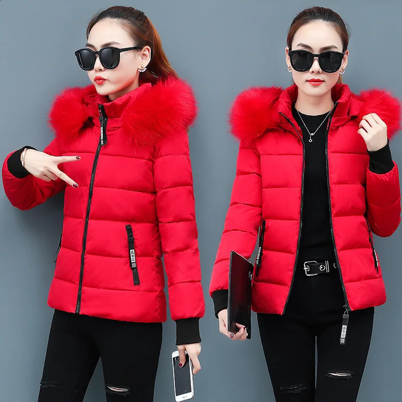 Zipper Fur Hooded Short Down Cotton Jacket Thickened Coat Fall Winter Casual Elegant Long Sleeve Warm Pocket Clothing 241120