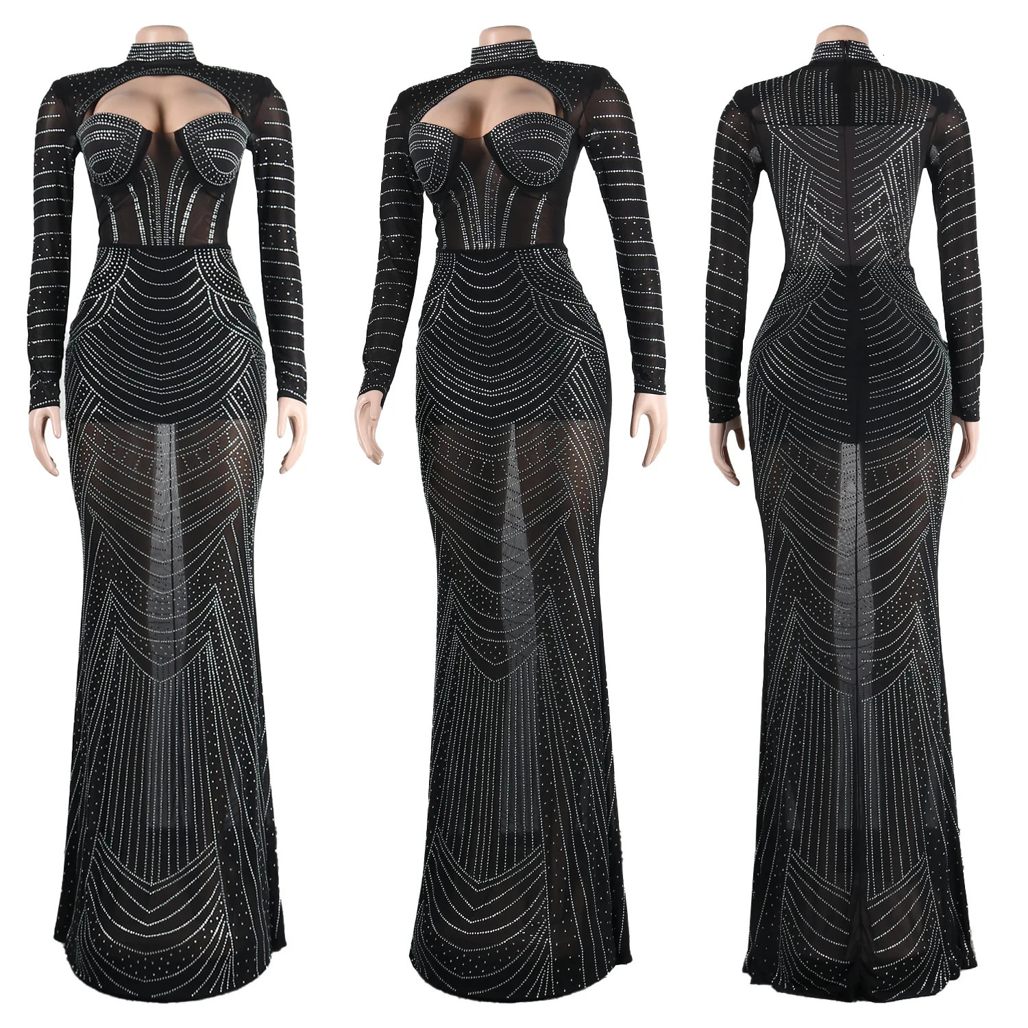 Leosd Sexy Sparkly Mesh Long Party Dress with Rhinestones Women Cut Out Long Sleeve Turtleneck Evening Dresses Party Clubwear 240420