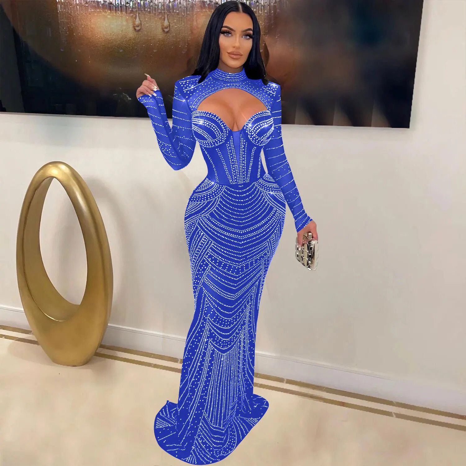 Leosd Sexy Sparkly Mesh Long Party Dress with Rhinestones Women Cut Out Long Sleeve Turtleneck Evening Dresses Party Clubwear 240420