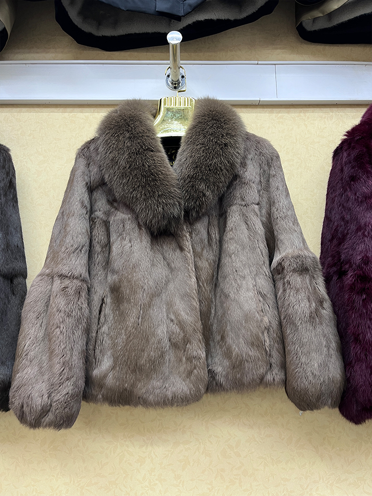 Genuine Whole Skin Real Coat With Natural Fox Collar Jacket Full Pelt Rabbit Fur Overcoat