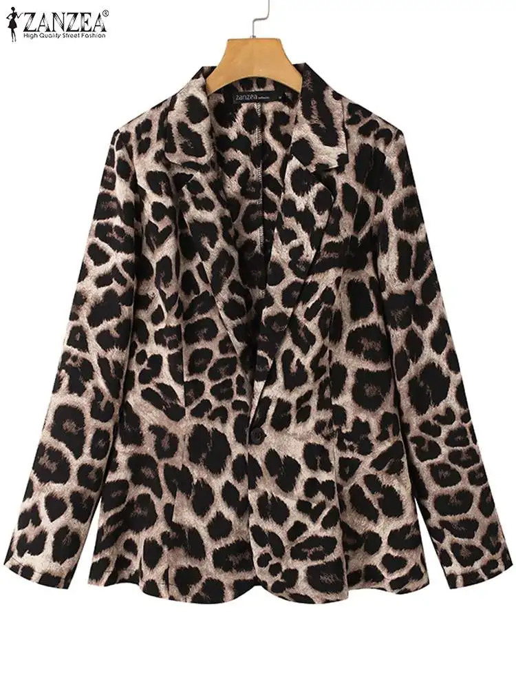 ZANZEA Women OL Blazer Fashion Ladies Office Suits Button Up Outwears Oversized Spring Summer Female Leopard Lapel Coats 240407