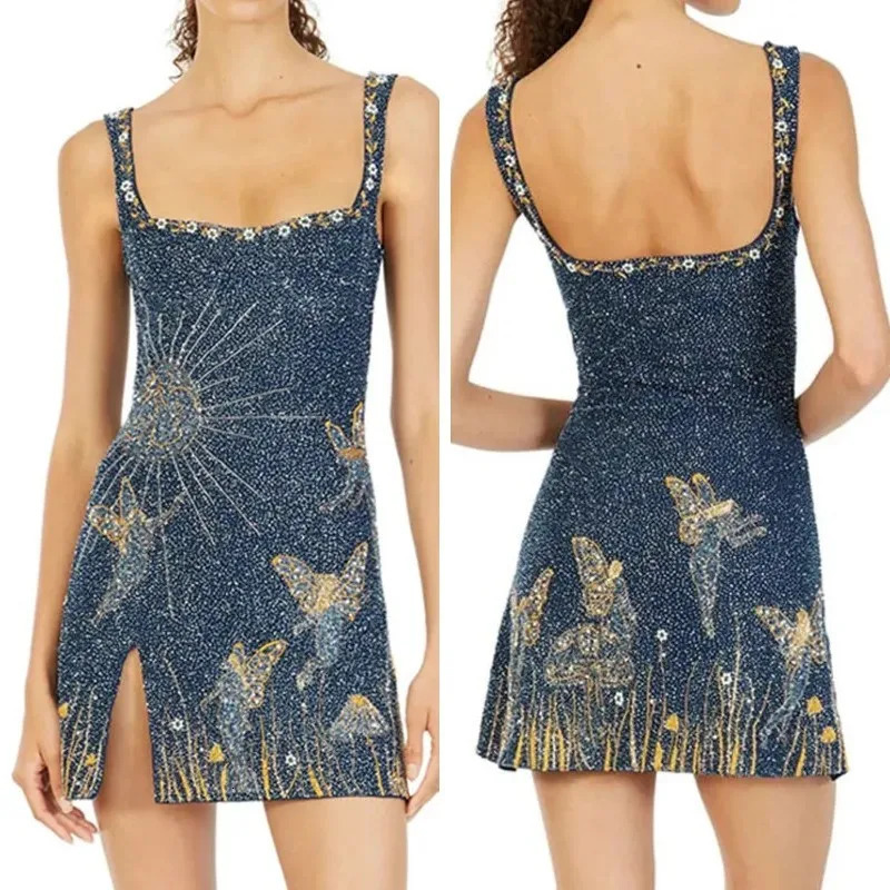 Sequins Printed Fashion Mini Dress Camisole Backless Sexy Short Dress Elegant Ladies Bodycon Dresses Womens Slit Party Dresses 241122