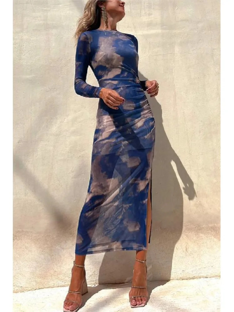Tie Dye Printed Mesh See-through Maxi Dresses For Women Sexy Slim Slit Party Evening Dress Spring Fashion Club Vestidos 240420