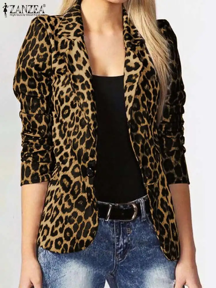 ZANZEA Women OL Blazer Fashion Ladies Office Suits Button Up Outwears Oversized Spring Summer Female Leopard Lapel Coats 240407
