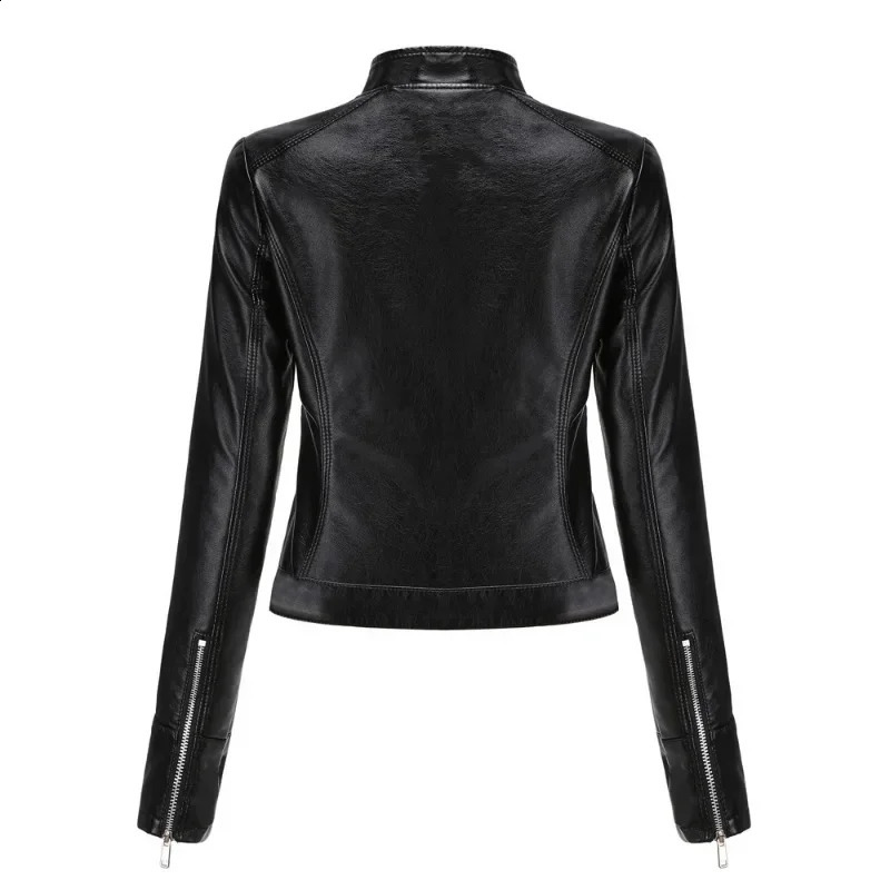Spring and autumn standing collar womens thin leather jacket model womens leather jacket short thin and fitted 241120