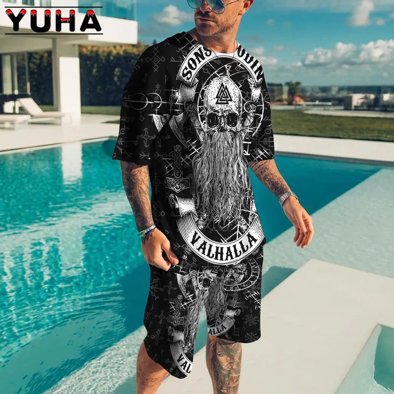 YUHASummer Mens Clothing T Shirt Sets 3D Terrible skeleton Print Casual Shorts Tracksuit Male 2 Piece Suit est Short Sleev 240420