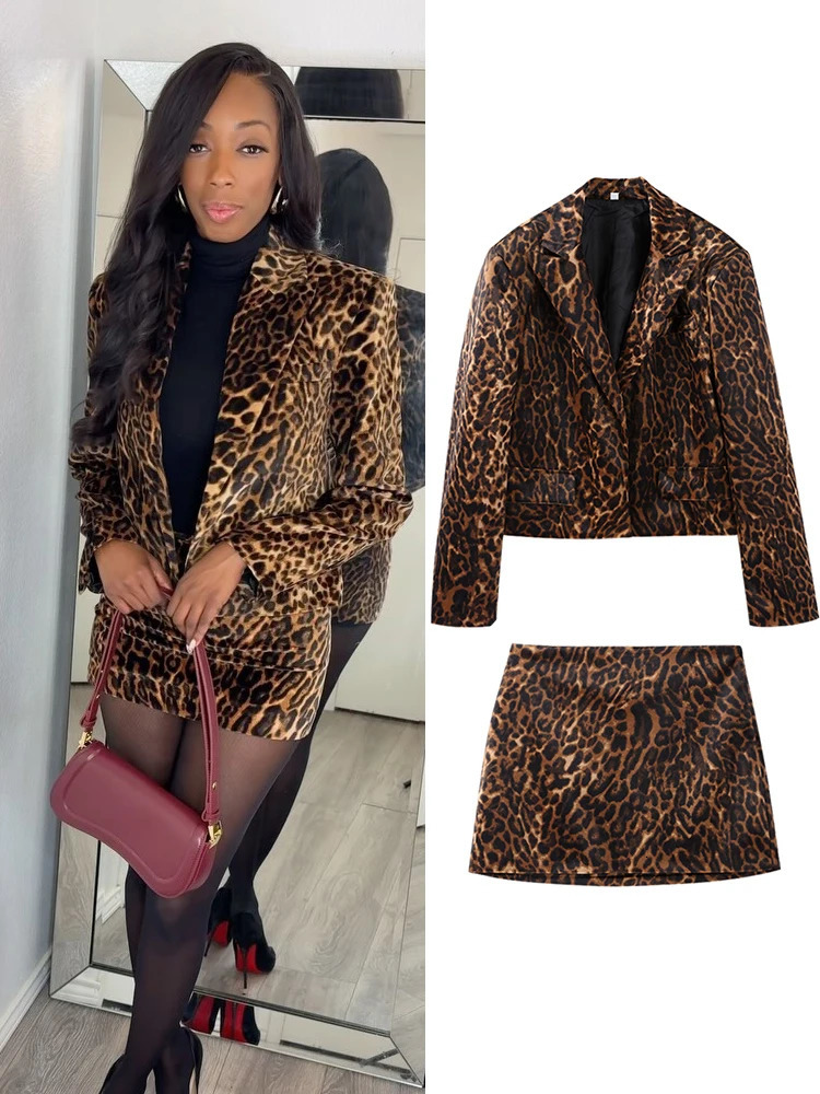 Chic Animal Leopard Mini Womens Elegant Collar Jacket A-line Short Skirt 2-piece Set Office Womens Wear 241119