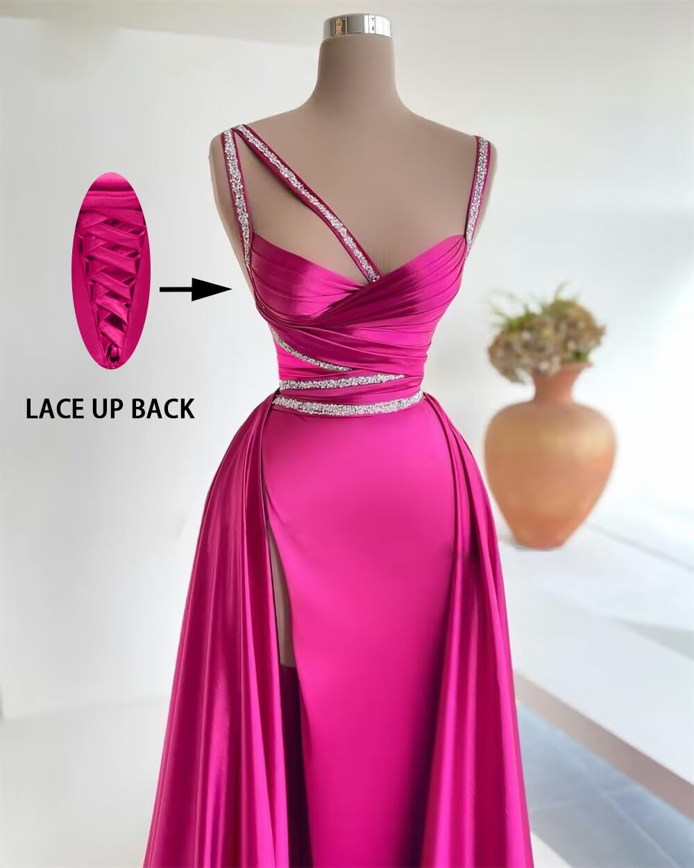 Split Long Prom Dresses Spaghetti V-Neck Beading Satin A-Line Lace-up Plus Size Formal Occasion Evening Party Gown Pd17