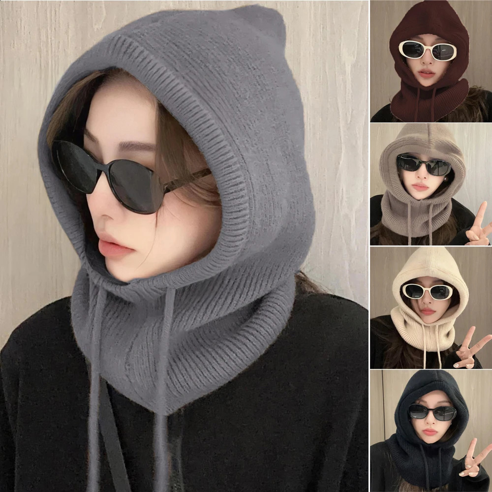 Knitted Wool Balaclava Skullies For Women Men Winter Wollen Drawstring Hooded Scarf Hat Neck Face Protect Beanies For Couples 250808