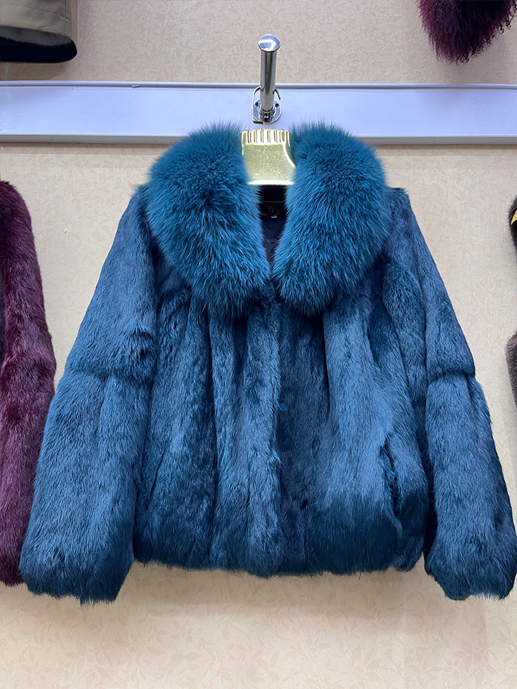 Genuine Whole Skin Real Coat With Natural Fox Collar Jacket Full Pelt Rabbit Fur Overcoat