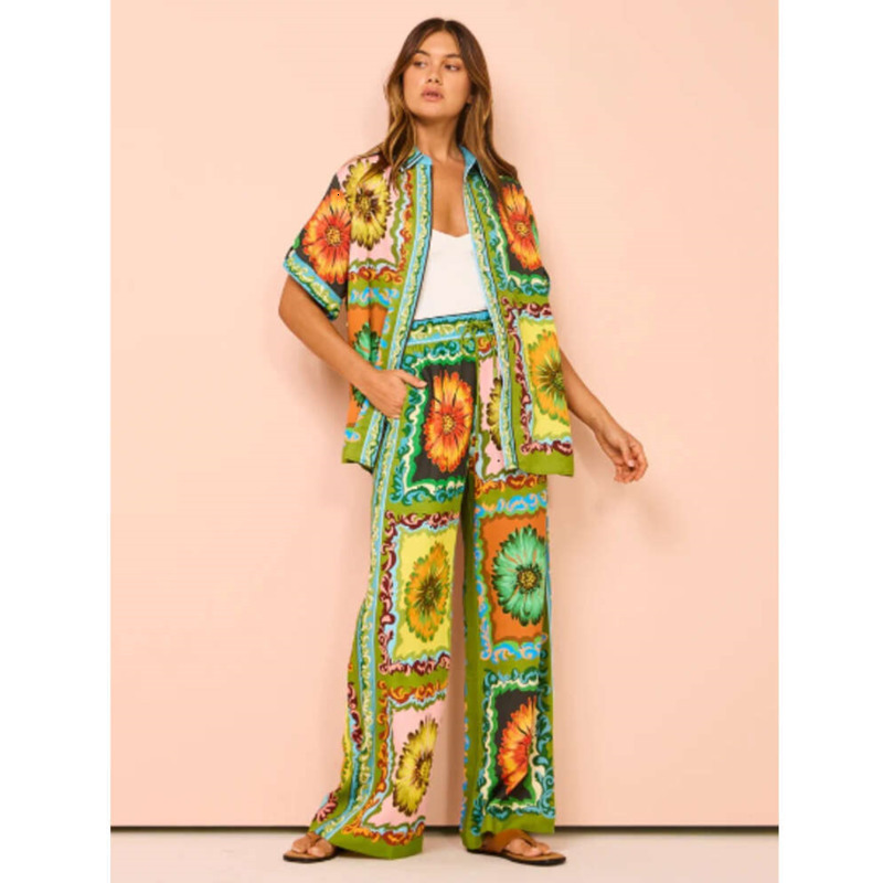 Summer Womens Tracksuits Ladies Two Piece Pants Set Shirt Top And Pants Floral Printed Short Sleeve Lapel Neck Color Holiday Leisure Vacation Beach Clothes Sets
